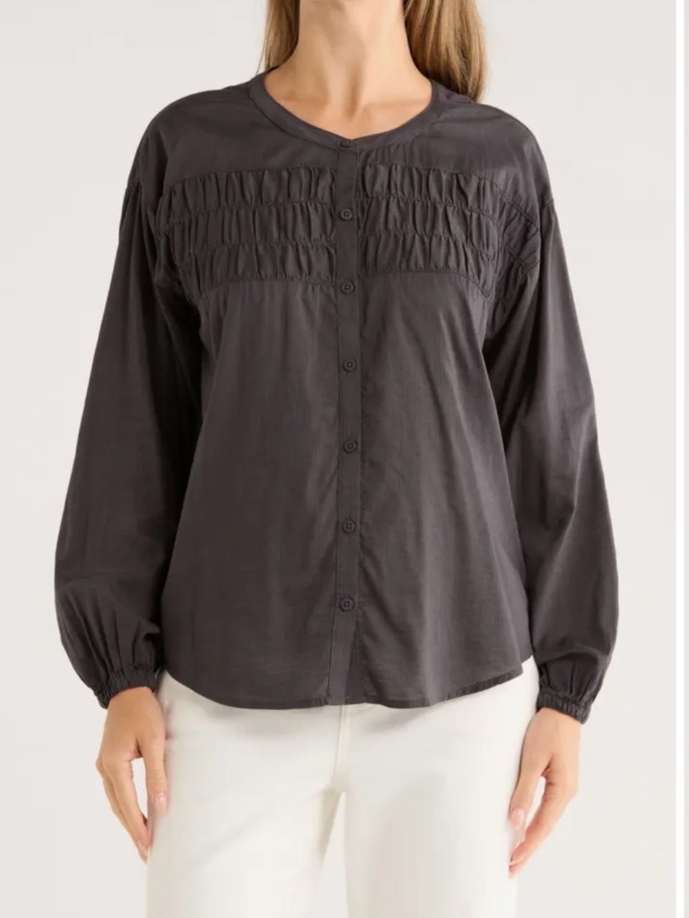 Splendid Gray Gathered Yoke Button Top